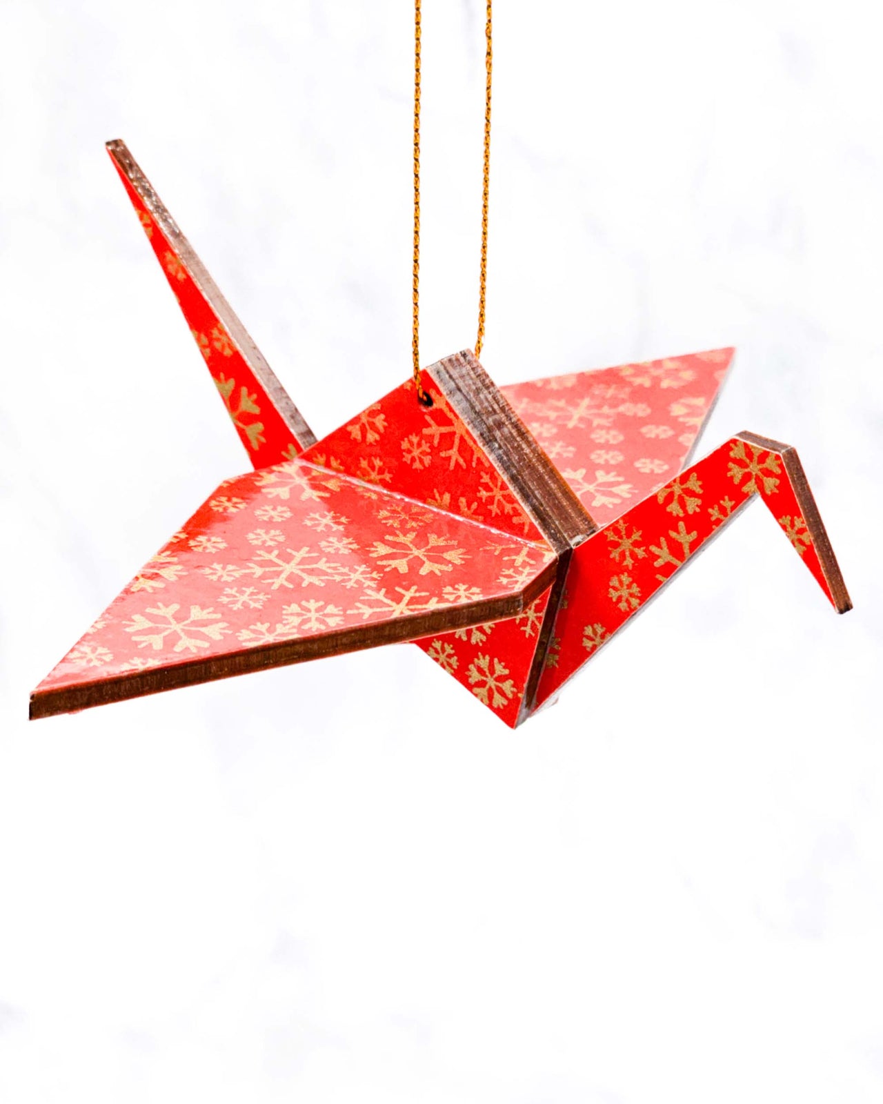 Wooden Origami Crane - Gold Snowflakes on Red