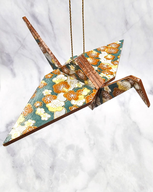 Wooden Origami Crane -  Brown Plum Blossoms on Green