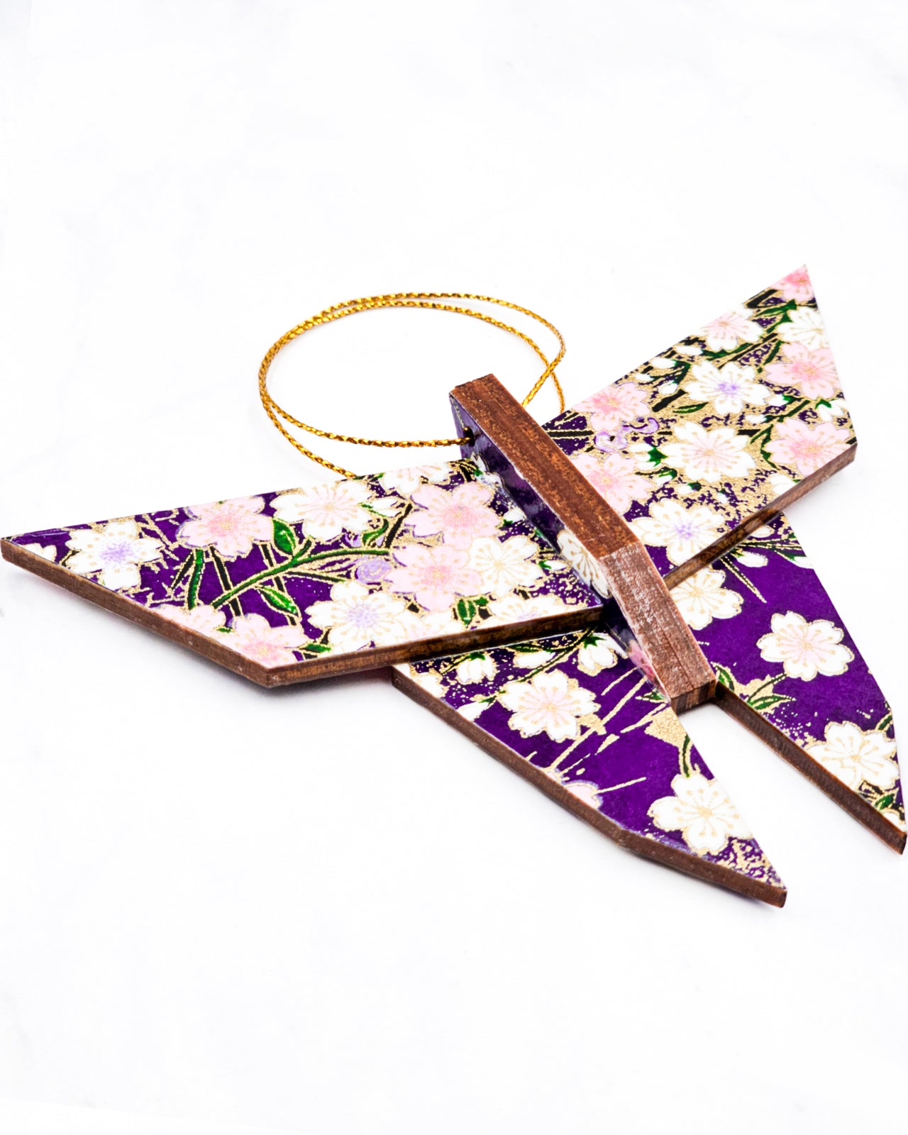 Wooden Origami Butterfly - Cherry Blossoms on Purple