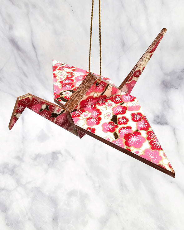 Wooden Origami Crane -  Pink Plum Blossoms