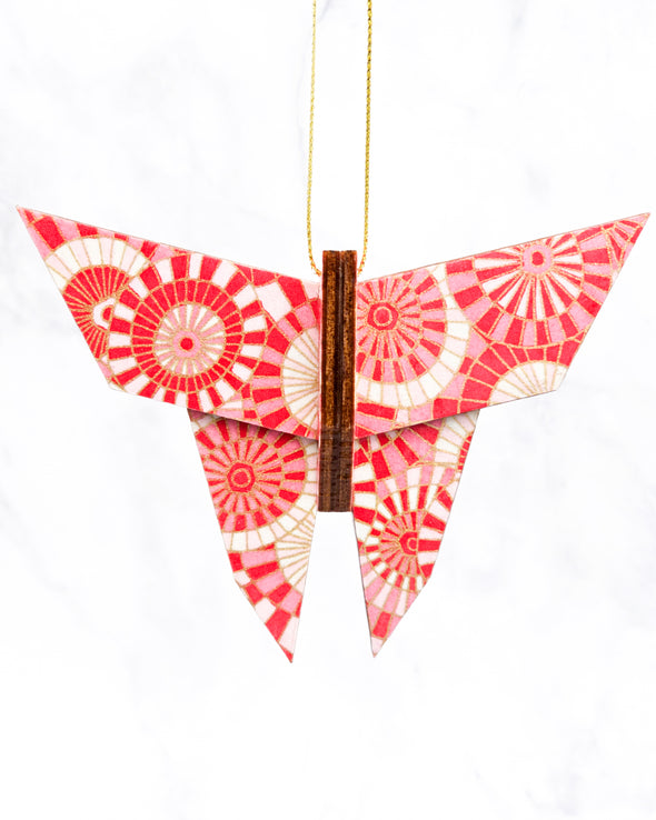 Wooden Origami Butterfly - Pink & White Abstract Parasols