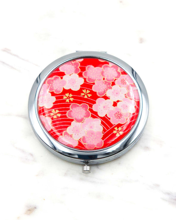 Pink Plum Blossoms on Red Compact Mirror