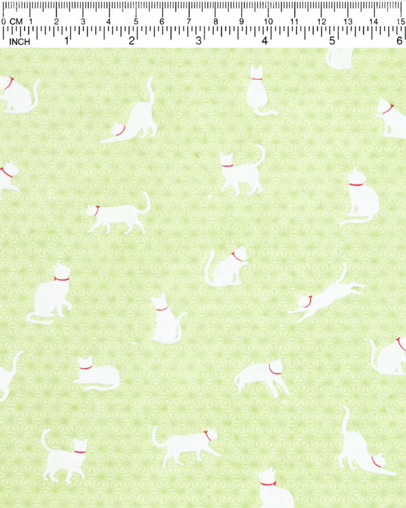 0242 White Cats on Green Asanoha