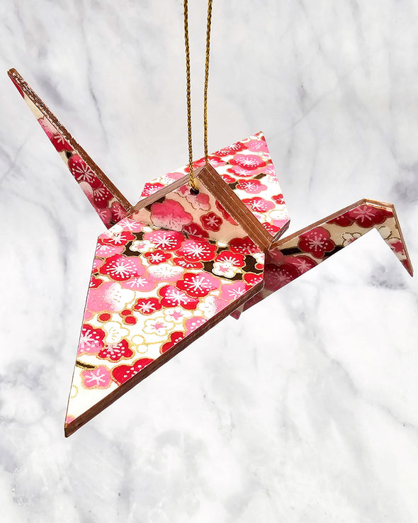 Wooden Origami Crane -  Pink Plum Blossoms