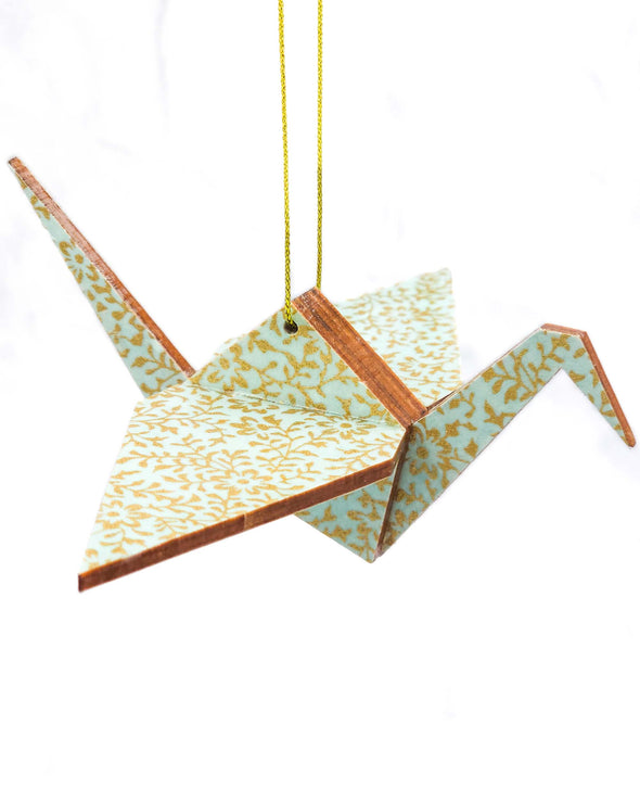 Wooden Origami Crane - Gold Floral on Turquoise