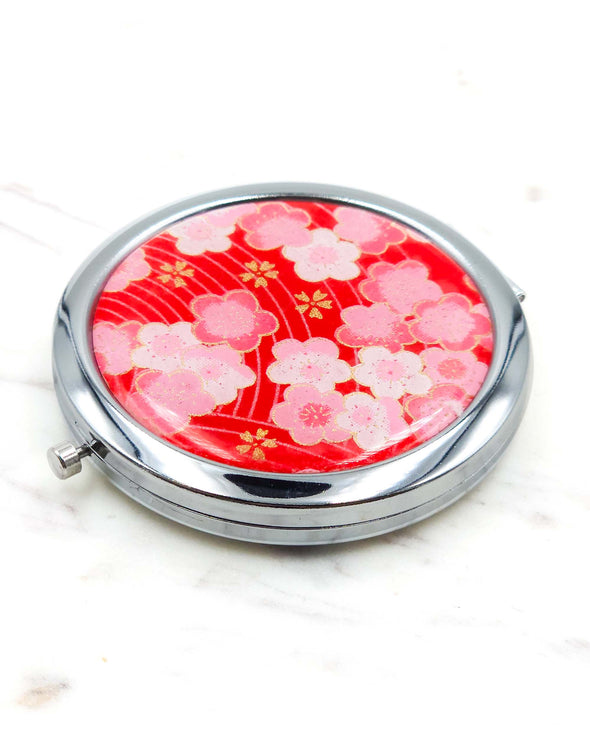 Pink Plum Blossoms on Red Compact Mirror
