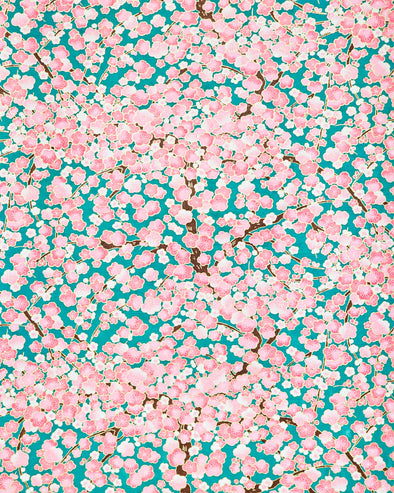 0251 Pink Plum Blossom Tree on Teal Green