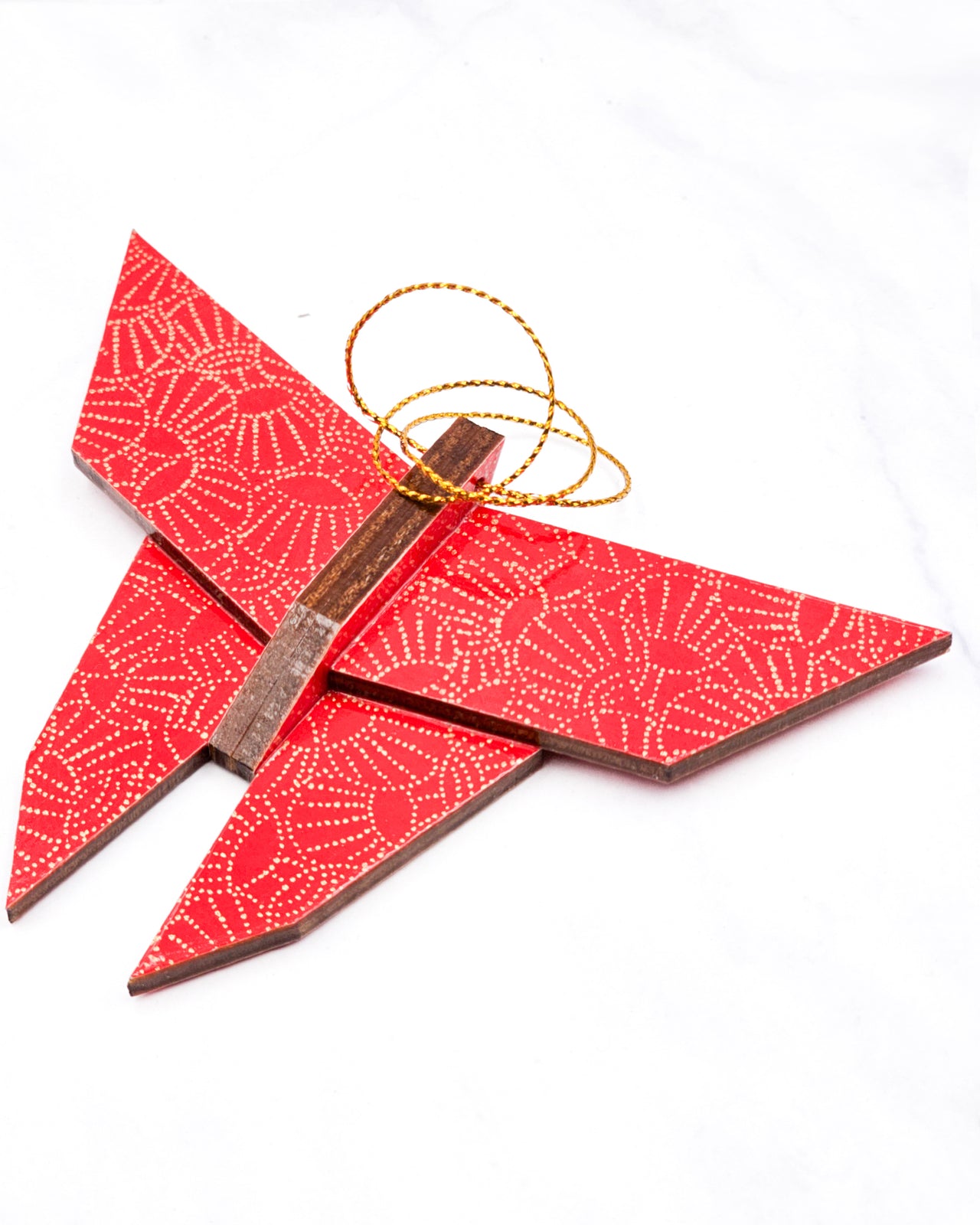 Wooden Origami Butterfly - Gold Dotted Temari Balls on Red