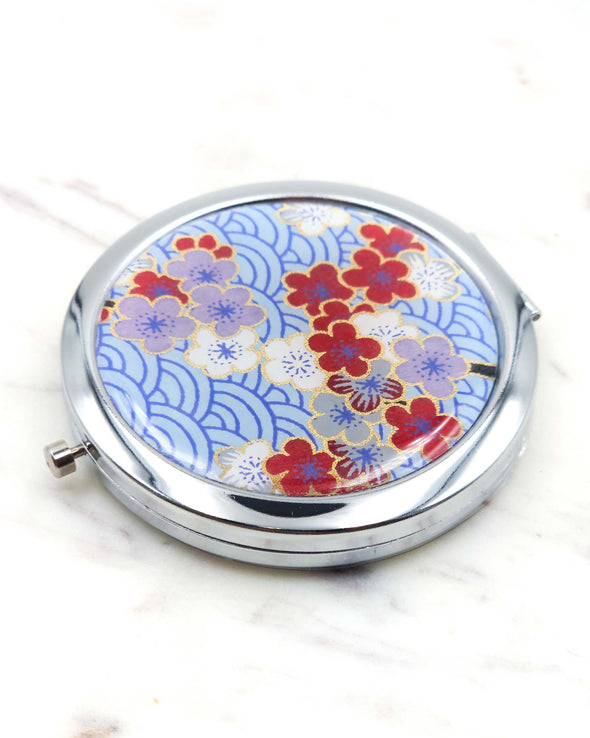 Plum Blossoms on Blue Seigaiha Compact Mirror