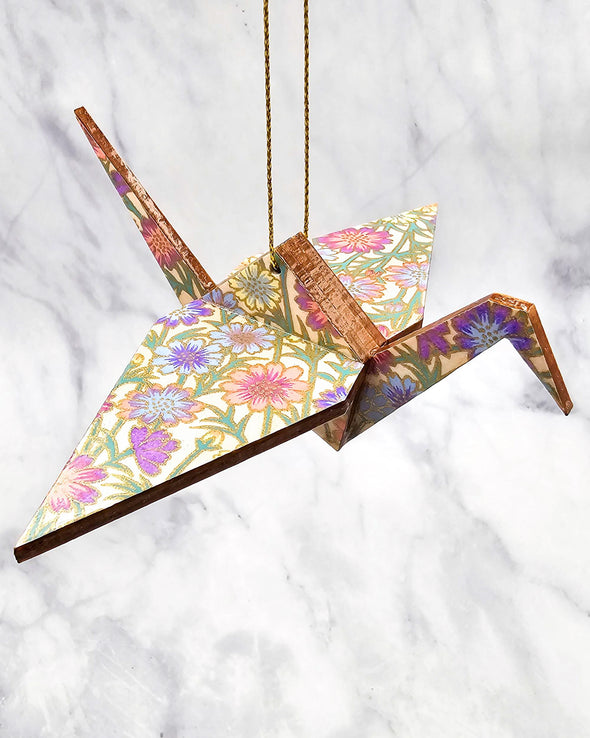 Wooden Origami Crane -  Purple Flower Stalks