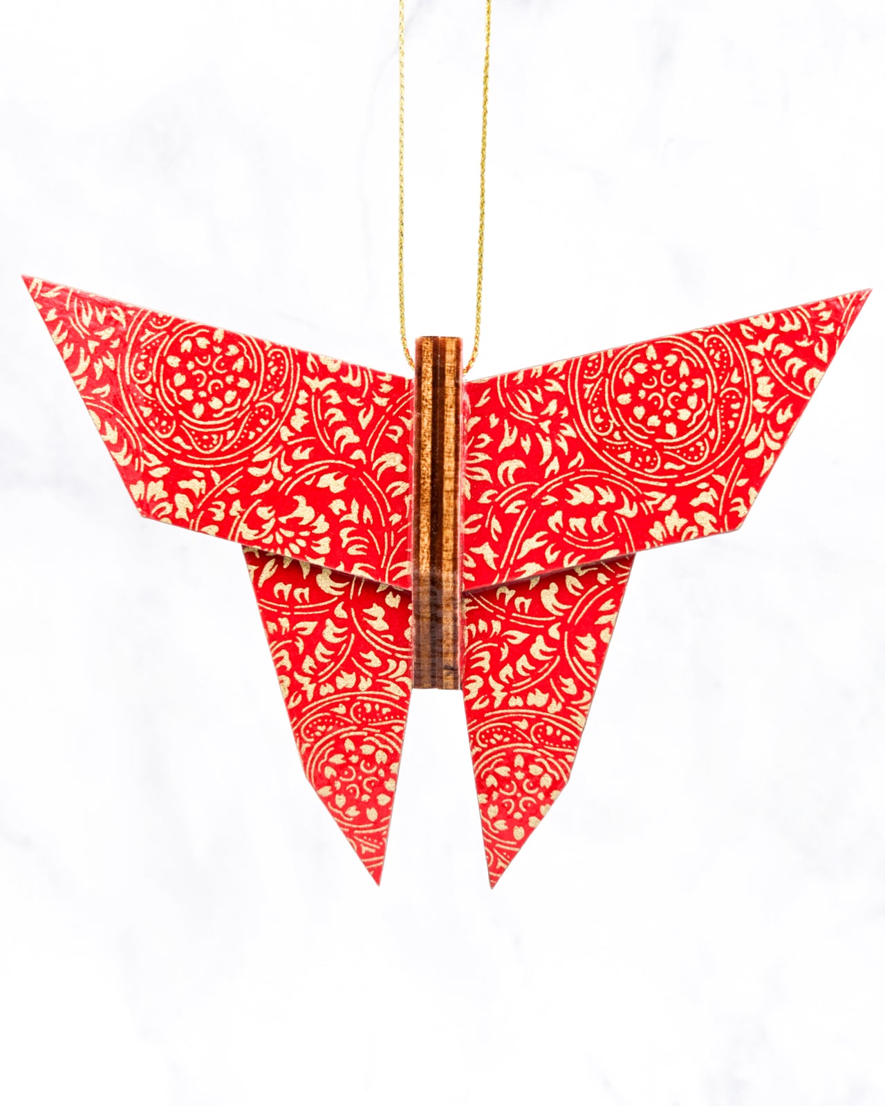 Wooden Origami Butterfly - Gold Filigree Circles on Red