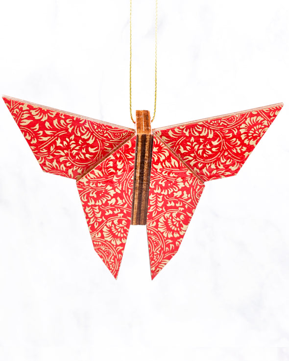 Wooden Origami Butterfly - Gold Filigree Circles on Red