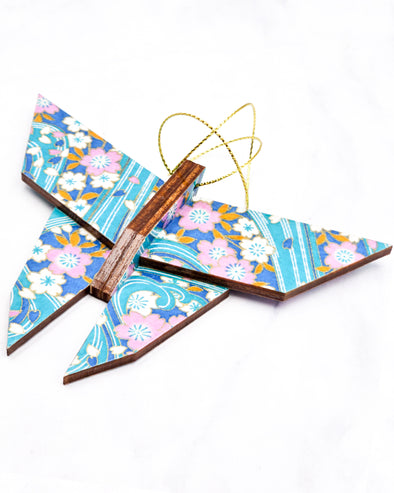 Wooden Origami Butterfly - Pink & White Cherry Blossoms on Blue