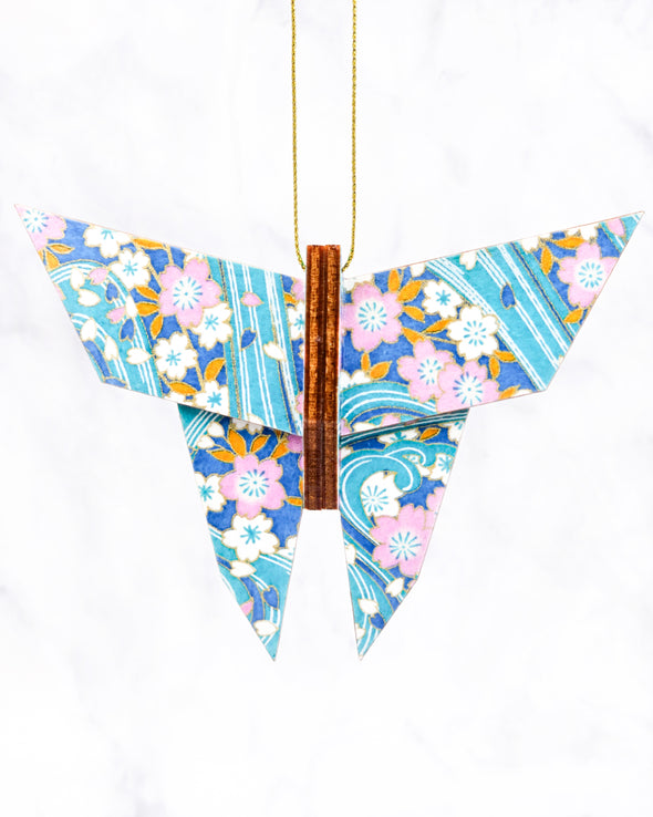 Wooden Origami Butterfly - Pink & White Cherry Blossoms on Blue