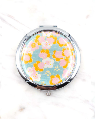 Pink & Orange Plum Blossoms on Turquoise Compact Mirror