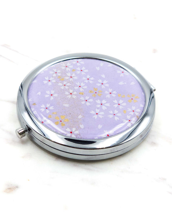 White & Gold Cherry Blossoms on Purple Compact Mirror