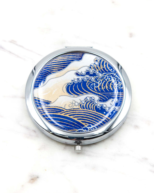 Beige & Gold Waves on Blue Compact Mirror