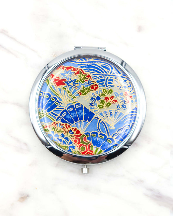 Floral Hand Fans on Blue Compact Mirror