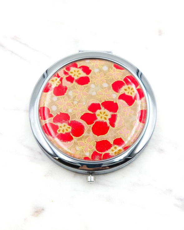 Red Cherry Blossoms on Brown Compact Mirror