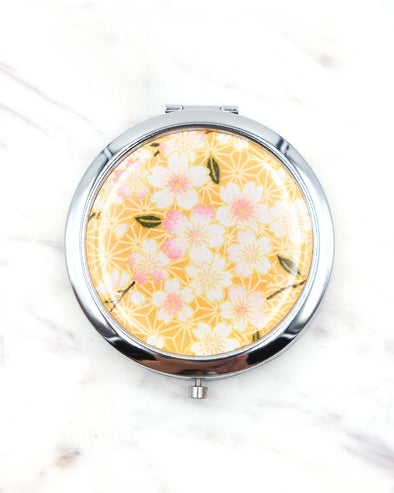 Pink Cherry Blossoms on Orange Compact Mirror