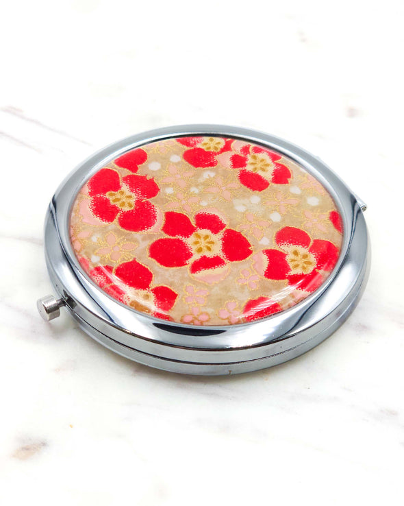 Red Cherry Blossoms on Brown Compact Mirror