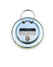 Magnetic bottle opener featuring red and white fishes on a green background.