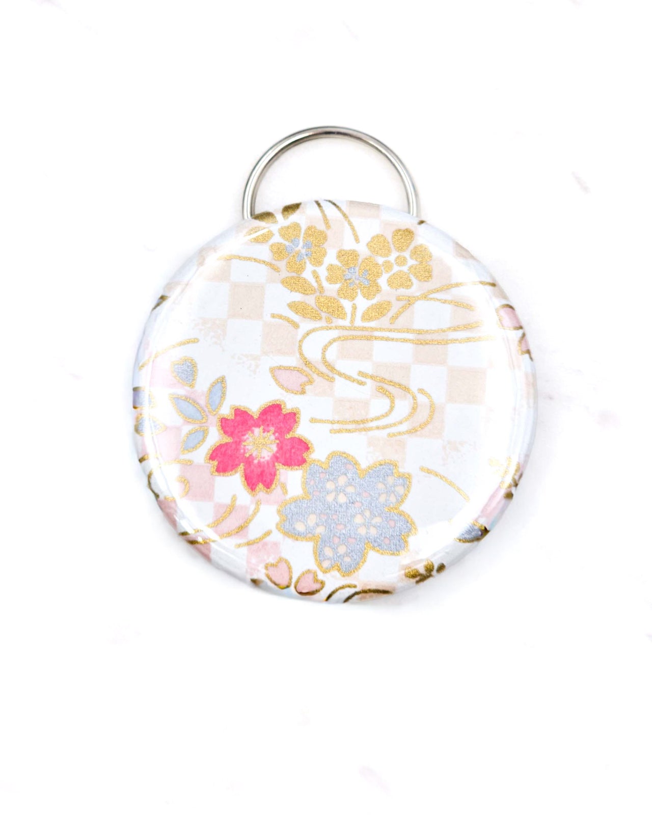Magnetic bottle opener featuring cherry blossoms on a pink and white ichimatsu (checkered) background with metallic gold accents.