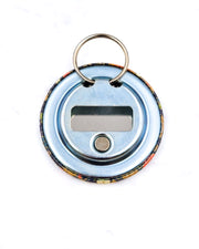 Magnetic bottle opener featuring orange and blue plum blossoms on a dark blue background with metallic gold accents.