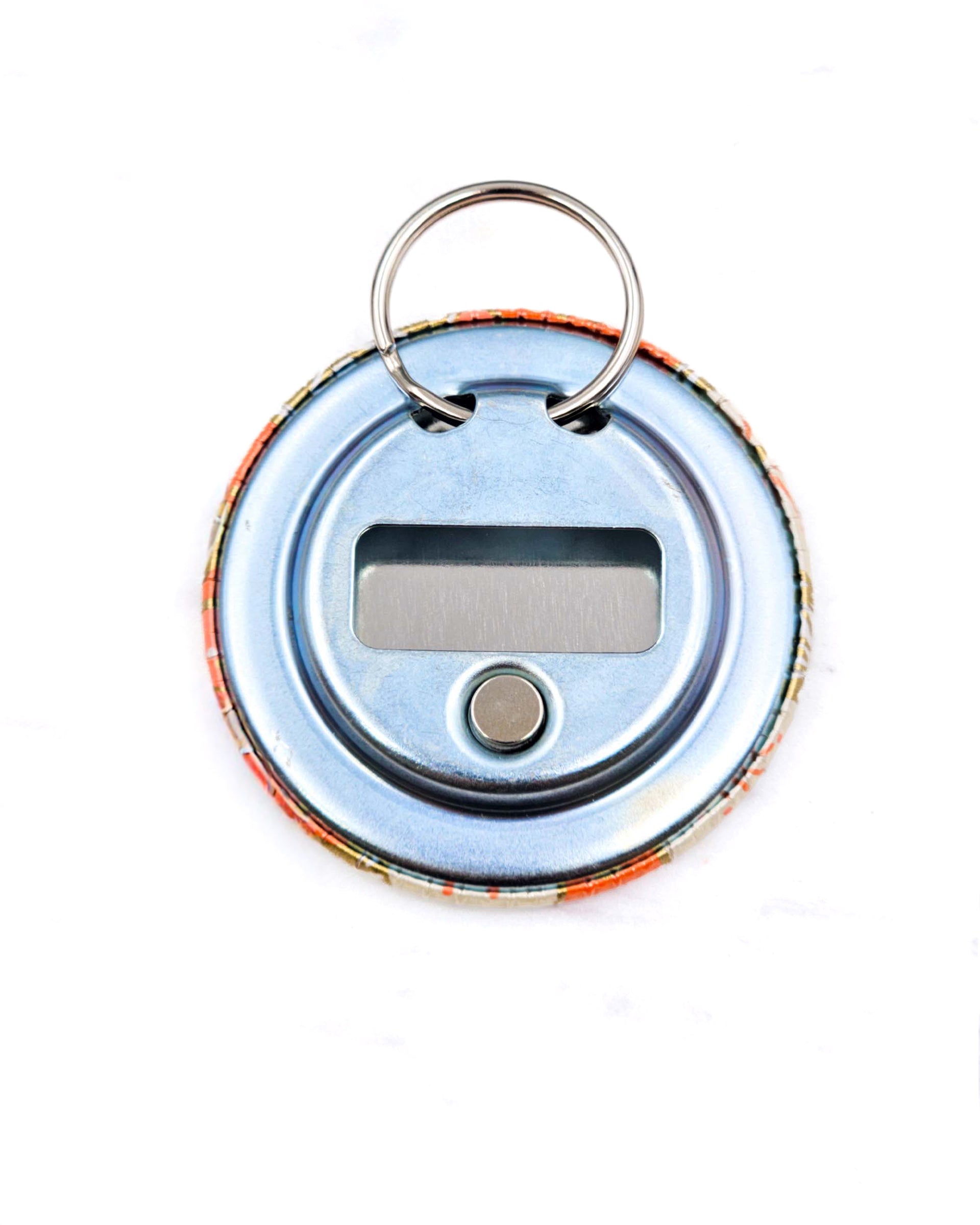 Magnetic bottle opener featuring orange and cream plum blossoms on an a metallic gold background.