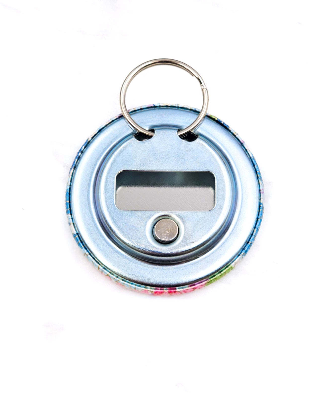 Magnetic bottle opener featuring pink and blue hydrangea flowers on a blue background with metallic gold accents.