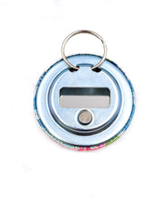 Magnetic bottle opener featuring pink and blue hydrangea flowers on a blue background with metallic gold accents.