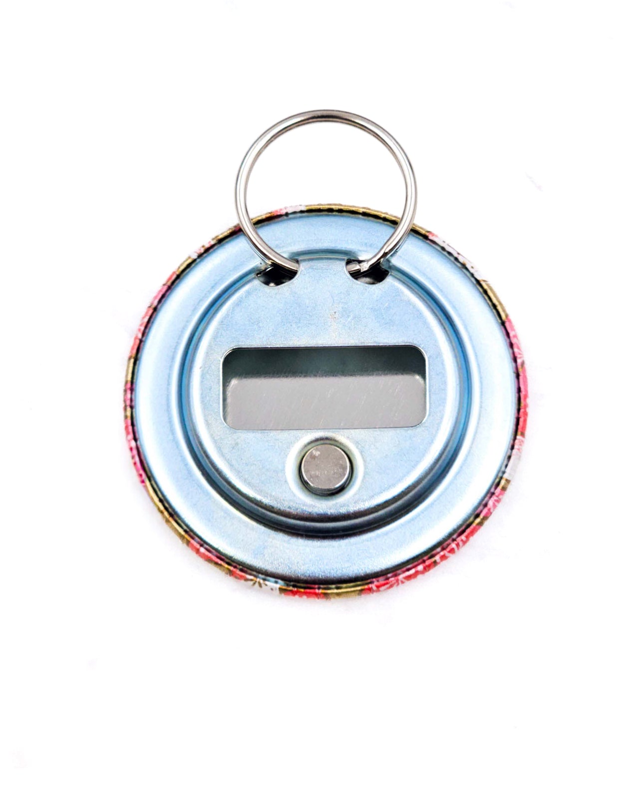 Magnetic bottle opener featuring a pink plum blossom tree on a metallic gold background.