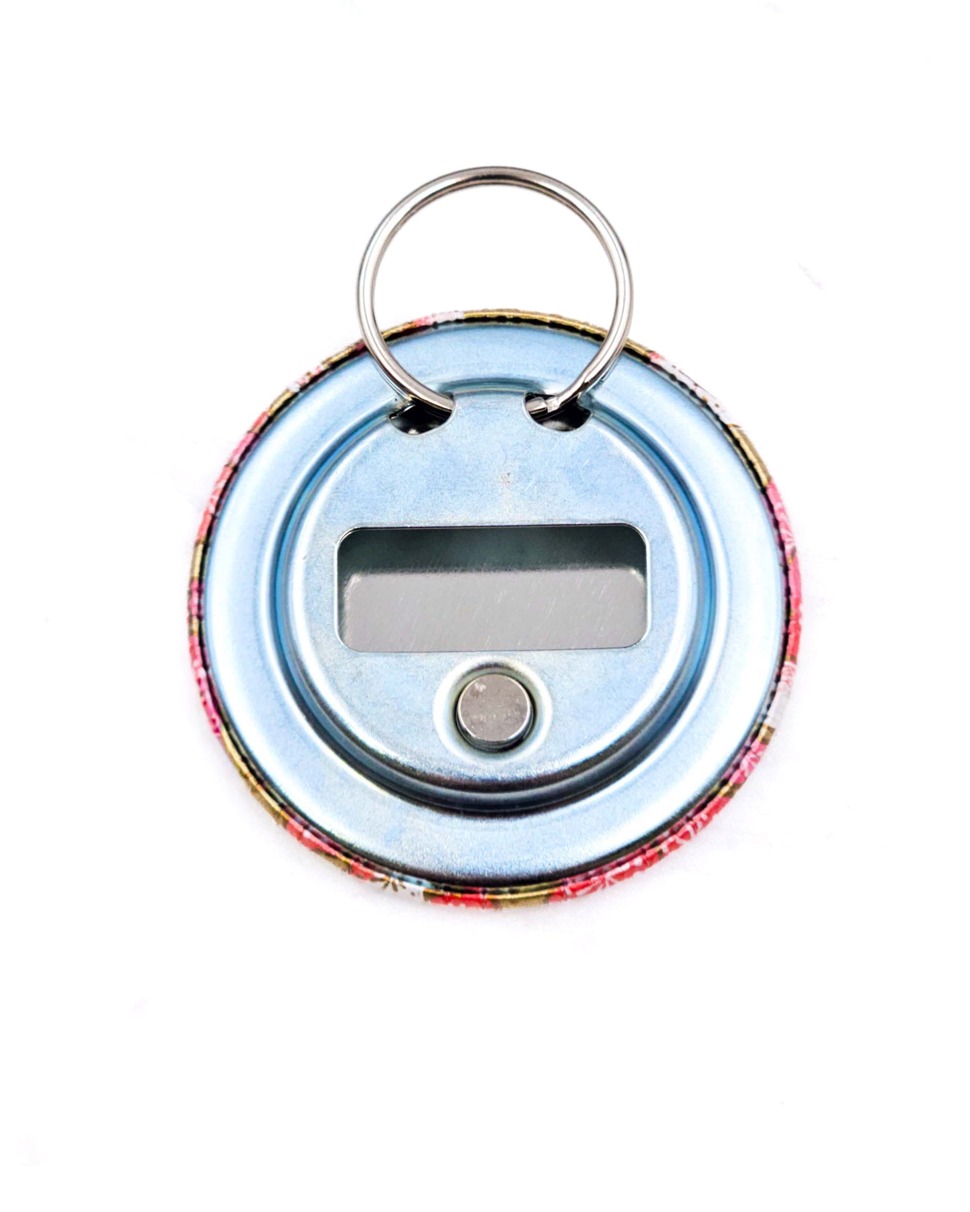 Magnetic bottle opener featuring a pink plum blossom tree on a metallic gold background.