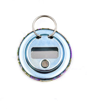 Magnetic bottle opener featuring purple and blue iris flowers on a cream background with metallic gold accents.