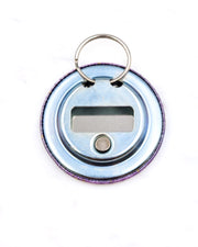 Magnetic bottle opener featuring purple swirls with metallic gold accents.