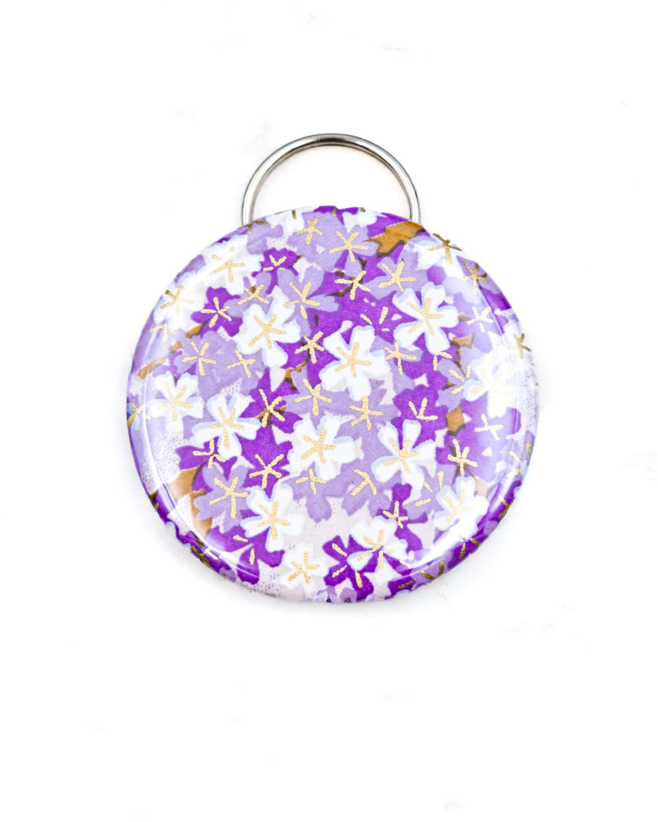Magnetic bottle opener featuring purple and white cherry blossoms with metallic gold accents.