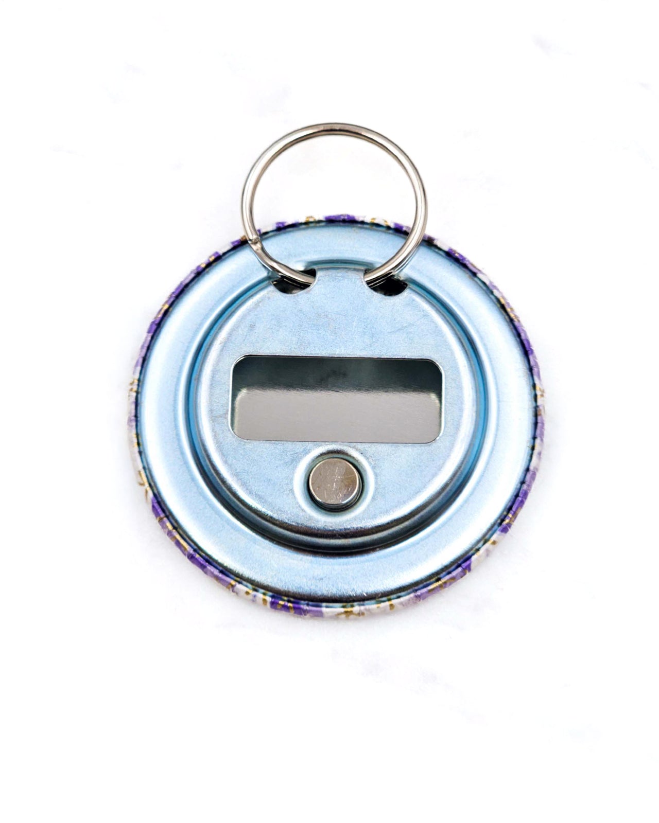 Magnetic bottle opener featuring purple and white cherry blossoms with metallic gold accents.