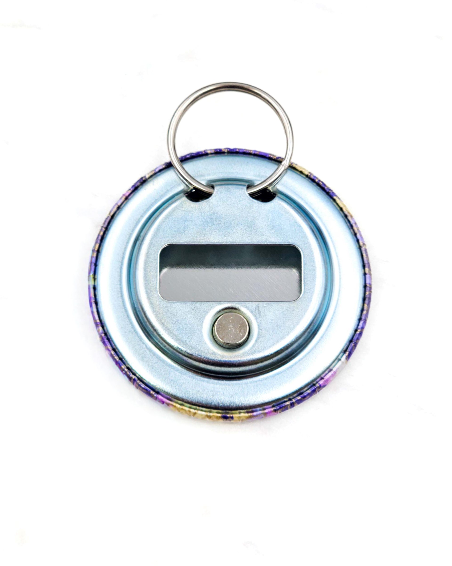 Magnetic bottle opener featuring yellow and purple flowers on a purple background with metallic gold accents.