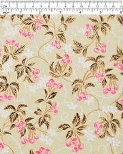 Japanese chiyogami paper featuring clusters of pink cherry fruit with white flowers and brown leaves on a beige background with metallic gold details.