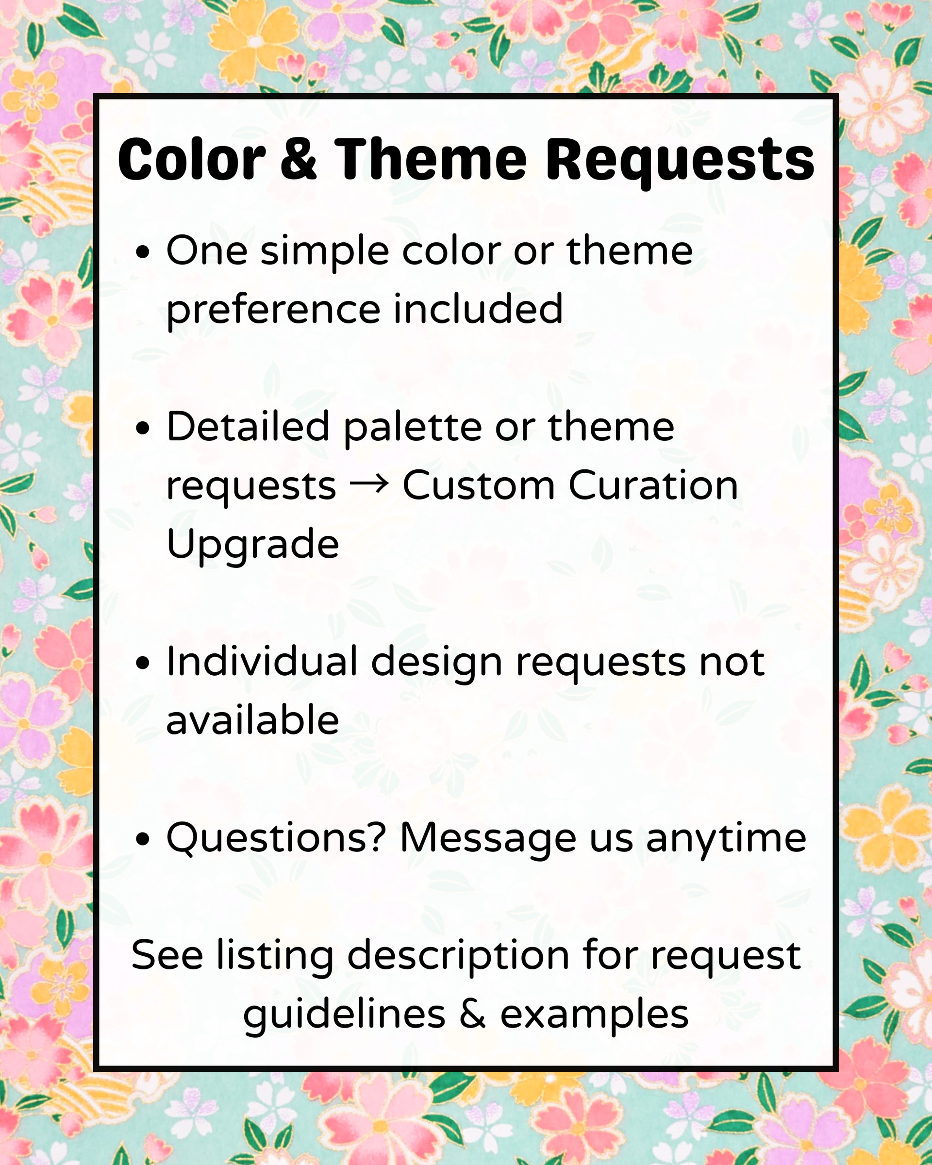 Color and theme request guidelines. Refer to listing description for details.