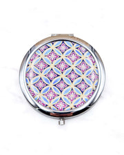 Round silver metal compact mirror featuring a traditional blue shippo pattern with purple hanabishi in the center with metallic gold accents.