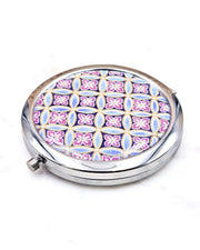Round silver metal compact mirror featuring a traditional blue shippo pattern with purple hanabishi in the center with metallic gold accents.
