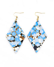Large wooden diamond shaped earrings featuring blue plum blossom tree on a black background with metallic gold details.