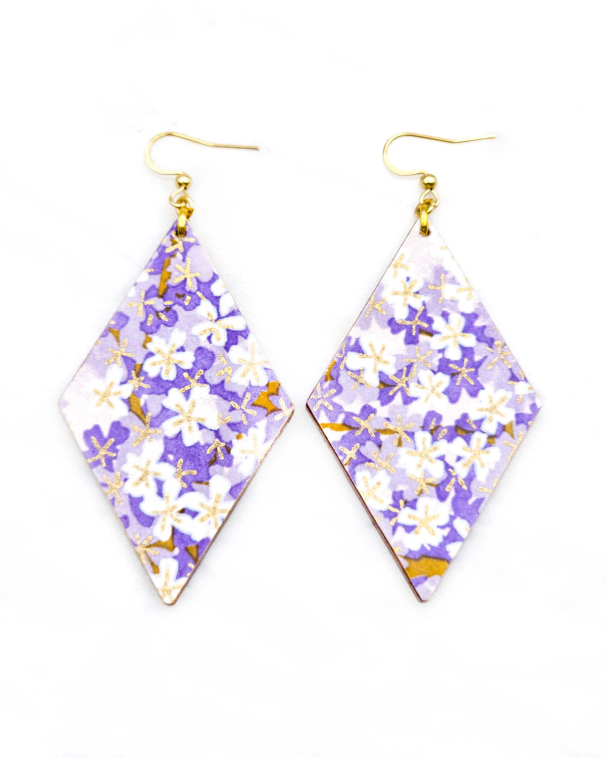 Large wooden diamond shaped earrings featuring purple and white cherry blossoms with metallic gold details