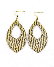 Large wooden hollow pointed teardrop shaped earrings featuring a black traditional Japanese sayagata design on a metallic gold background.