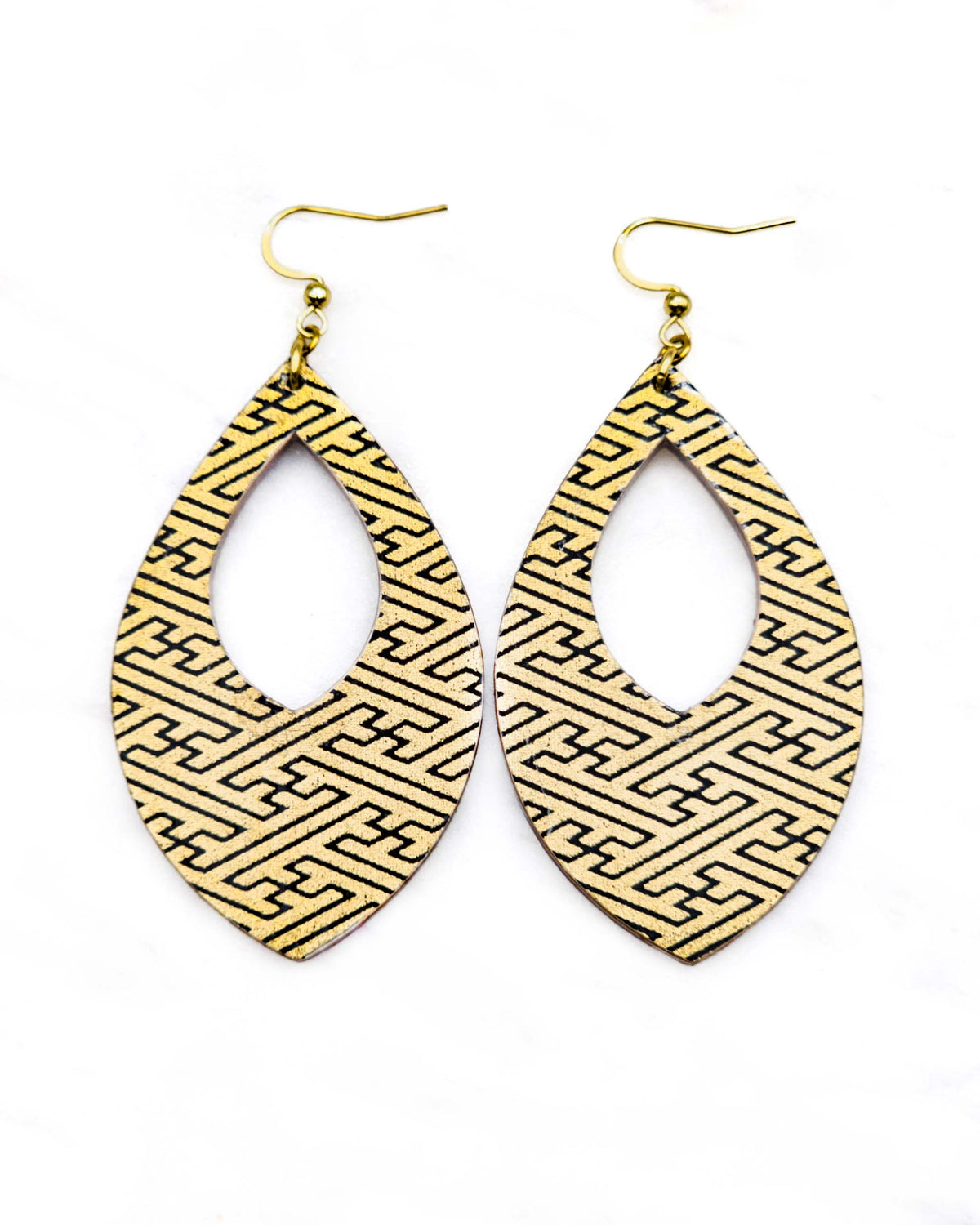 Large wooden hollow pointed teardrop shaped earrings featuring a black traditional Japanese sayagata design on a metallic gold background.