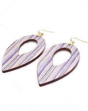 Large wooden hollow reverse teardrop earrings featuring stripes in different shades of purple with metallic gold details.