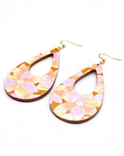Large wooden hollow teardrop earrings featuring orange, brown, and light purple lotuses on a brown background with metallic gold details.