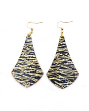 Large wooden long anchor earrings featuring metallic gold matsuba (pine needles) on a black background,