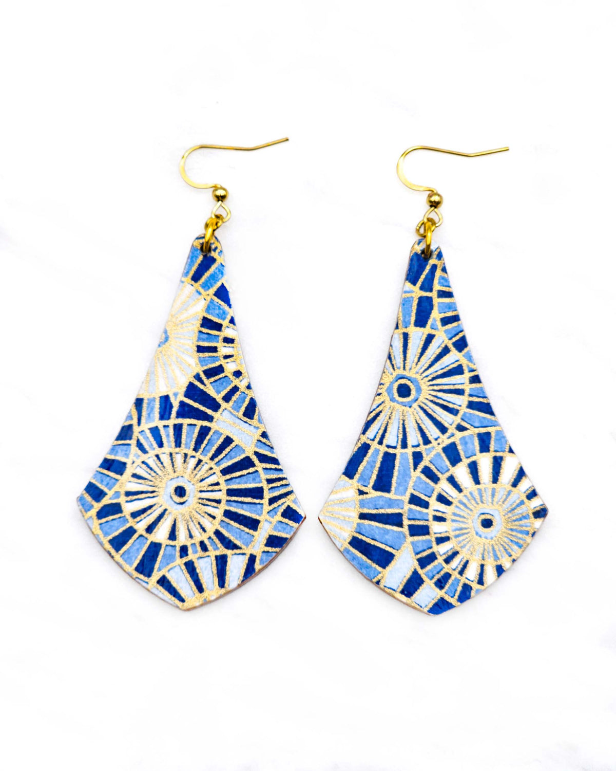 Large wooden long anchor earrings featuring overlapping blue and white parasols with metallic gold details